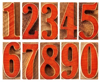 A set of isolated ten numbers from zero to nine in letterpress wood type printing blocks stained by