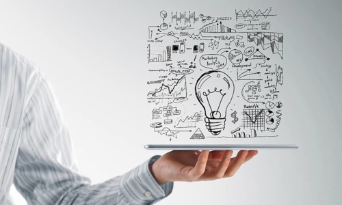 Close view of businessman presenting his business plan on tablet screen