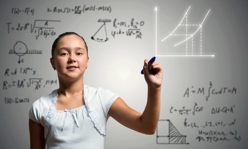 Cute little girl drawing science sketches on screen