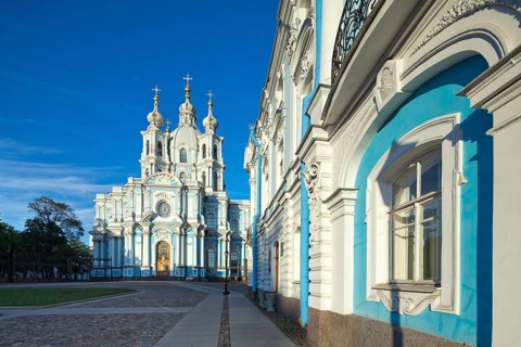 Beautiful Smolny Cathedral, a striking example of baroque architecture in St. Petersburg, Russia.