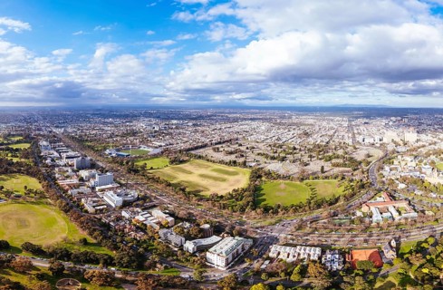 Aerial view of Royal Park and Ikon Stadium of Carlton Football Club on a cool winter's day from