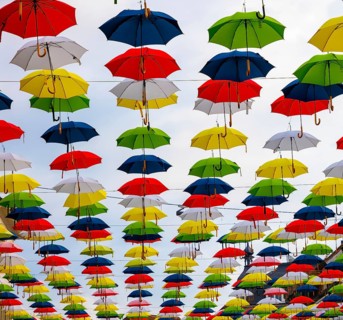 Beautiful Old Town with Colorful Hanging Umbrellas on the City Street in Olten, canton Solothurn,
