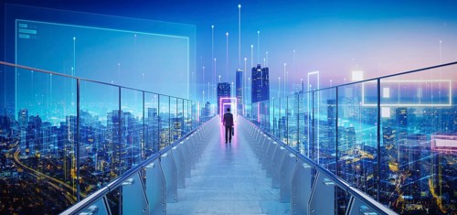 Businessman walking on skywalk bridge to glowing information portal above futuristic cityscape with