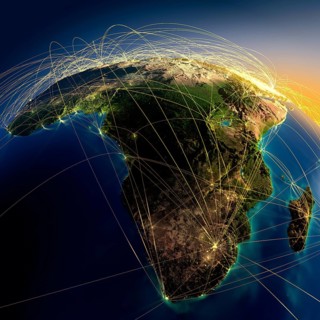 Highly detailed planet Earth at night with embossed continents, illuminated by light of cities,