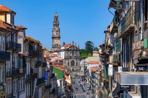 Buildings in Porto with Clérigos Church at background in Portugal