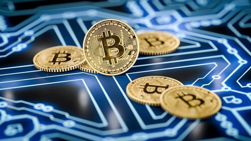 3d rendering of a some bitcoin coins on a dark electronic background