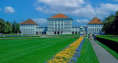 Nymphenburg Palace, park, flowerbeds, visitors, Munich, Bavaria, Germany