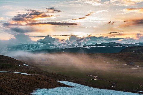 Panoramic view of Mount Sciliar from Alpe di Siusi in the Dolomites in South Tyrol, Italy