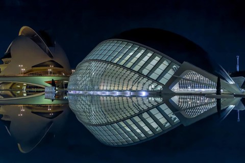 Night photo with illumination and spying on the water of the futuristic, unique and spectacular