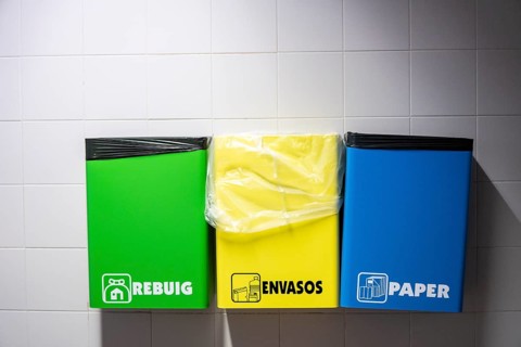 Garbage recycling containers, Son Llatzer Hospital Palma, Mallorca, Balearic Islands, Spain