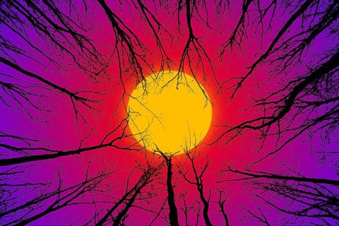 Silhouettes of branches in the forest against the background of a bright sun or moon with a bright