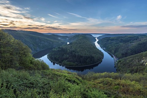 Twilight over the Saarschleife in Mettlach in spring, Germany