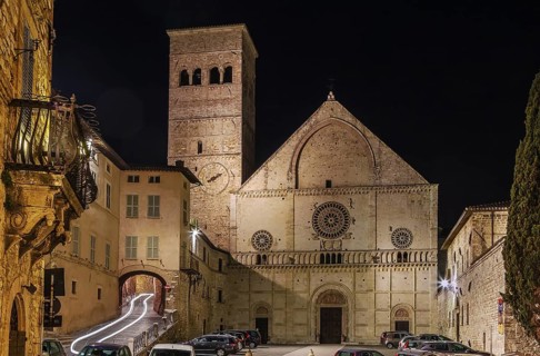 Evening. Assisi Cathedral dedicated to San Rufino is a major church in Assisi, Italy, that has been
