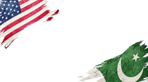 Flags of USA and Pakistan on white background