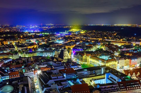 A panoramic view of Leipzig at night from the city skyscraper at Augustusplatz