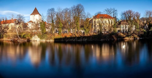 Freimannsturm, medieval town tower on the river Mur, long exposure, panoramic shot, Leoben, Styria,