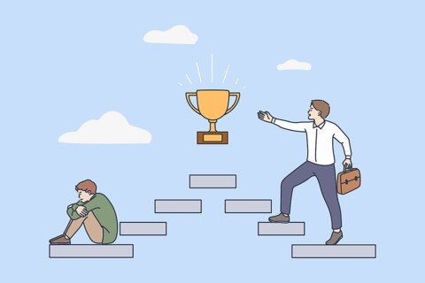 Happy motivated man on career steps walk to success or goal achievement, male in depression from