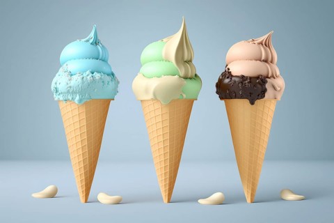 Illustration 3d render of melting summer ice cream in a cone on a pastel background, multicolored