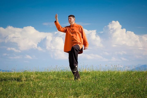 A man doing Qi-Gong in the green nature