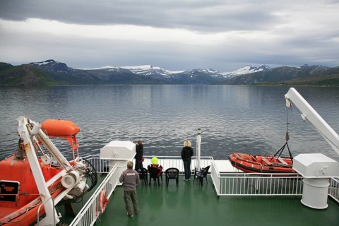 Ferry boat connecting Kiboghamn with Jektvik in Northern Norway at the arctic circle