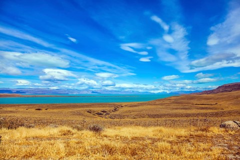 The concept of active and exotic tourism. Flat plain with shallow lake and yellowed grass.