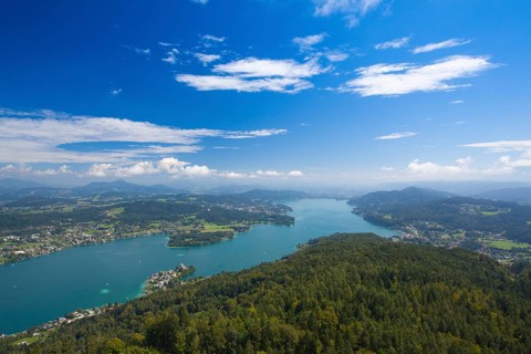 View from observation tower Pyramidenkogel To Lake Woerth, Carinthia, Austria