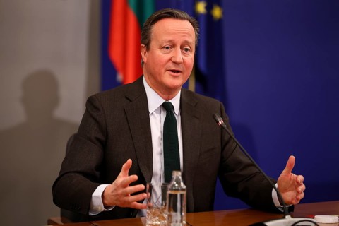 Sofia, Bulgaria - 14 February 2024: British Foreign Secretary David Cameron speaks to the media