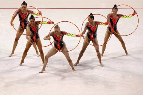 Sofia, Bulgaria - 16 September, 2022: Members of team Australia in action with 5 hoops during the