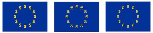 Flag of European Union, stars replaced with dollar, renminbi or yuan, bitcoin sign. Eurozone trade