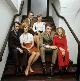 1960s parents. Three couples are sitting together in a stairway. Sweden november 13 1969. ref