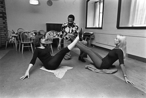 The pop group ABBA. Its two female members Anni-Frid Lyngstad and Agnetha Fältskog practice and