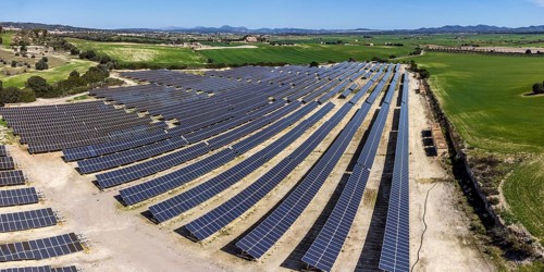 Photovoltaic plant between crop fields, Villafranca de Bonany, Majorca, Balearic Islands, Spain