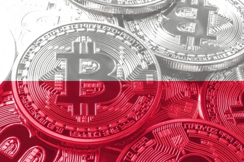 Poland bitcoin flag, national flag cryptocurrency concept black background