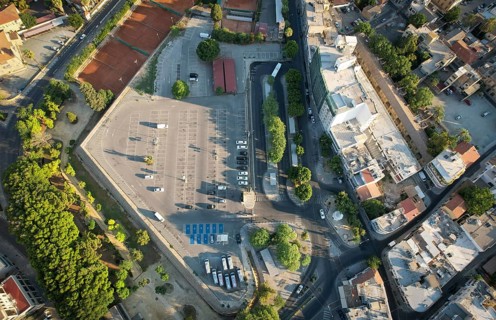 Aerial drone view of a an empty car parking in the center of Nicosia Cyprus