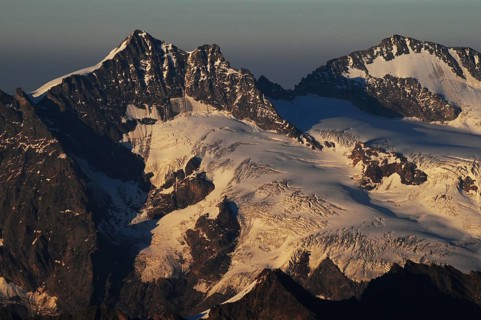 Mönchshut mountain panorama with a view of the melting glaciers and permafrost due to global