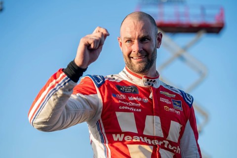 Shane van Gisbergen celebrates his win for the Zip Buy Now, Pay Later 250 in Sonoma, CA, USA
