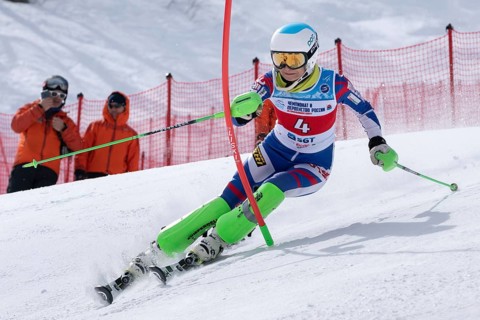 MOROZNAYA MOUNT, KAMCHATKA PENINSULA, RUSSIA, MAR 29, 2019: Mount skier Fedorova Ksenia Moscow