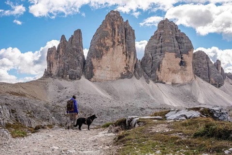 A female person hiking lonely with her dog around the Drei Zinnen mountains, the Dolomites in South