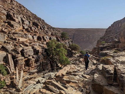 Hiking through the stone desert near Amtoudi in the Anti-Atlas, Morocco