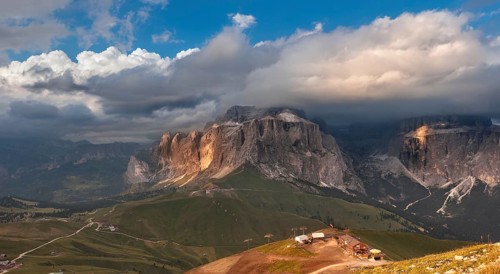 Panoramic view of Sella group mountain, Val di Fassa, Italian Dolomites