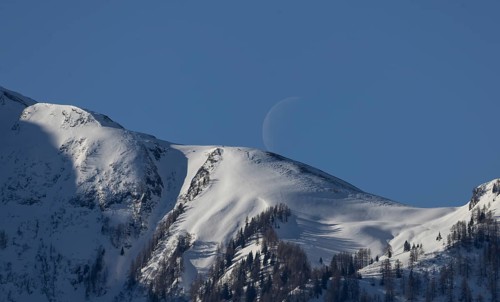 Mountain panorama, snow, crescent moon, Pinzgau