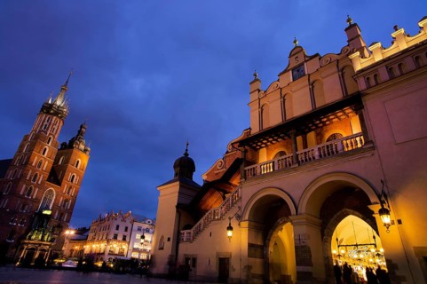 The city of Krakow in Poland. Market square with (from left to right) St Mary's Cathedral,