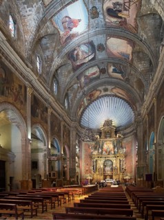 Majorca, Pollenca, Esglesia Nostra Senyora dels Angels, view of the altar, ceiling paintings by