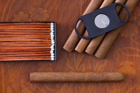 Different cigars on the decorative wooden table