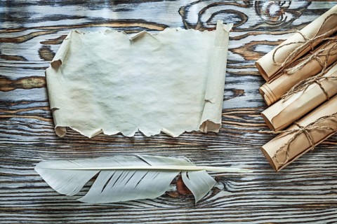 Vintage paper rolls blank document plume on wooden board