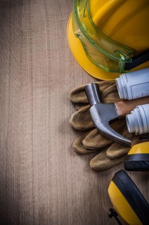 Hammer goggles construction drawings safety cap protective gloves and earmuffs