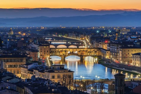 View of Florence with Ponte Vecchio in evening from Michelangelo hill, Italy
