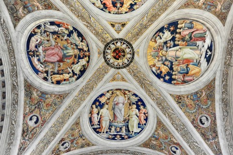 Vatican Museums, Vatican City, Vatican, Rome, Lazio, Italy, Detailed ceiling fresco with angels and