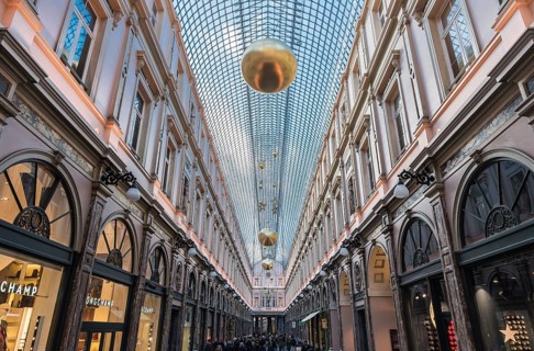 Brussels, Belgium, 12 18 2018: Glass roof and facades of the Saint Hubertus Gallery in Art Nouveau