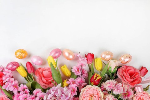 Festive easter banner, spring composition with decorated homemade eggs and blooming flowers,